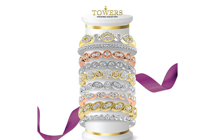 The Towers Collection allows for playful and creative ways to wear one or many rings. This collection is offered in an array of gold colors
and stone types permitting the wearer the ability to create combinations
unique to their identity. The band designs are masterfully translated
into beautiful fashion pieces of stackable rings that can add to your
uniqueness and individuality.